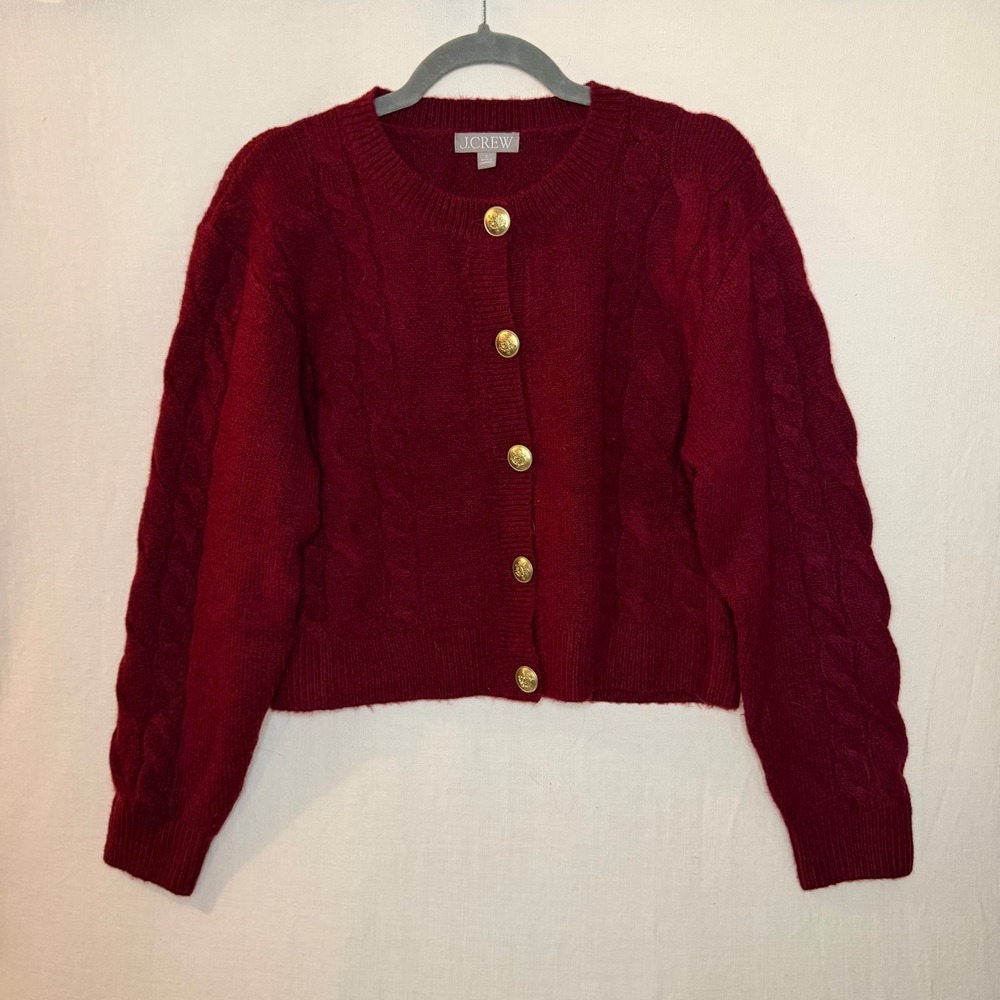 J.Crew Burgundy Cable Knit Cardigan Merino Alpaca Blend Gold Crest Button Small